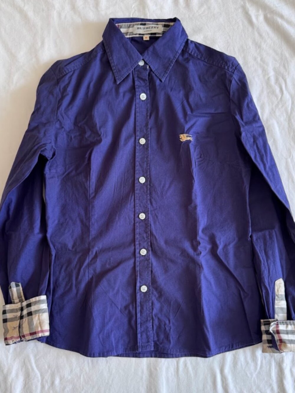 Girl's Burberry Blue Button Down Shirt Nova Check Cuffs Long Sleeve Medium - Picture 2 of 5